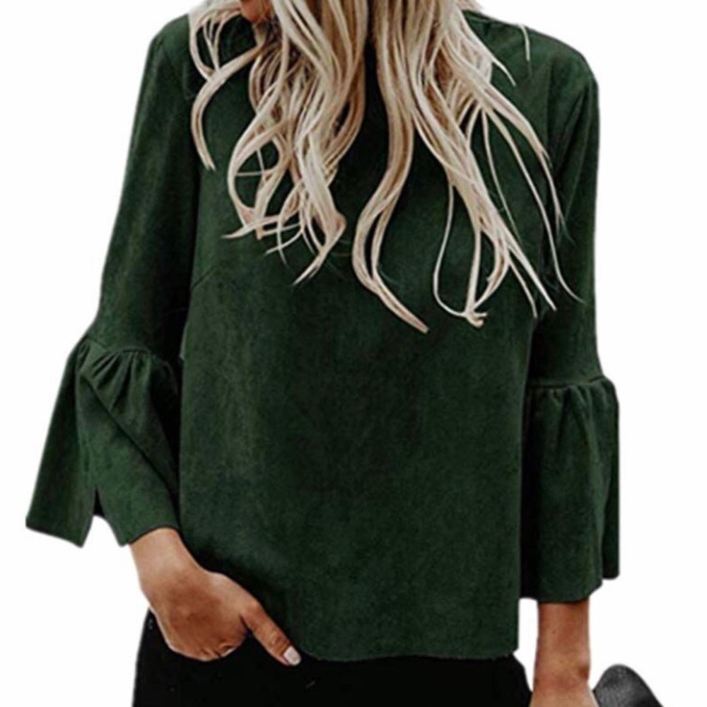 Green Faux Suede Bell Sleeve Blouse